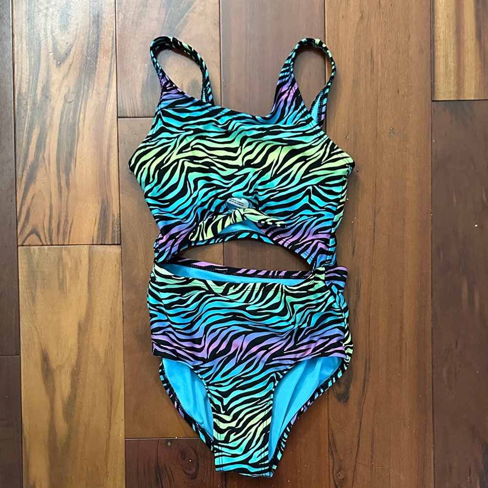 art class Zebra Print Kids One Piece Swimsuit - Blue, Green, Purple